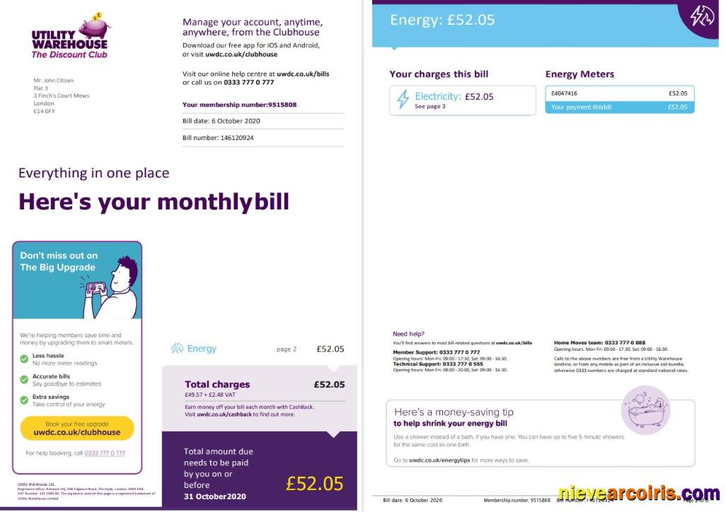 United Kingdom Utility Warehouse electricity utility bill 6 pages 1 2